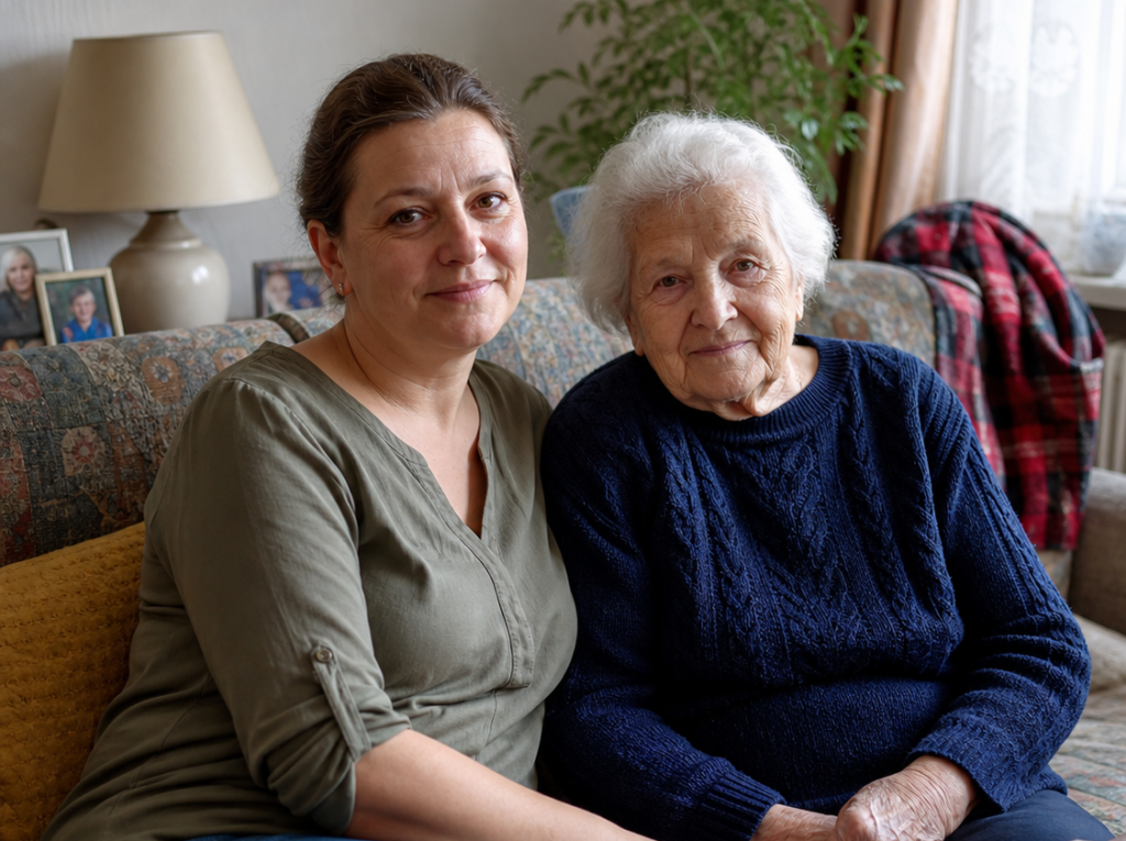 Opiekunka i seniorka siedzą na sofie w salonie.
