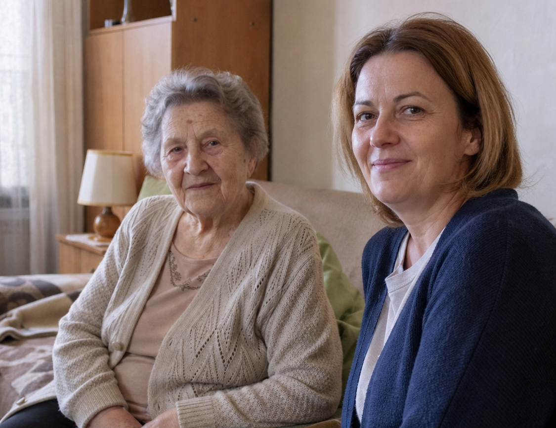Seniorka i opiekunka siedzą na sofie w salonie seniorki patrząc w obiektyw i lekko się uśmiechając.